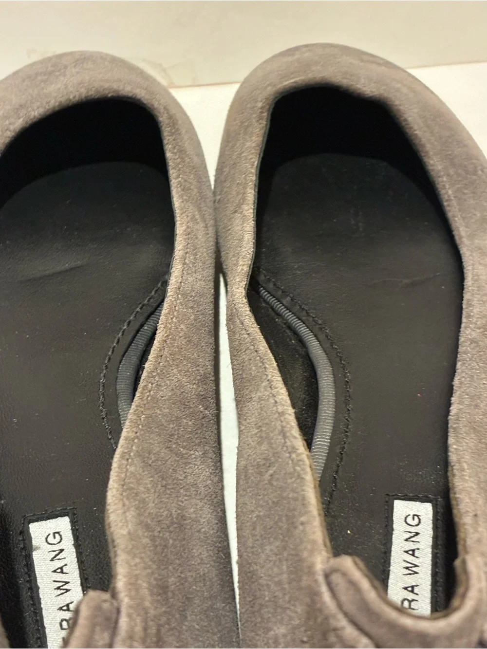 Vera Wang grey brushed suede ballet flats. Back zip. Sz 6.